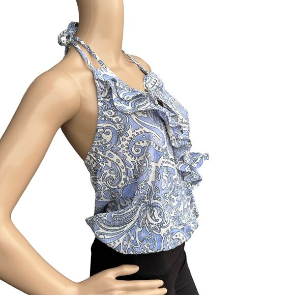 Express Women's Blue White Paisley Ruffled Sleeveless Halter Neck Top Size S - Picture 3 of 5